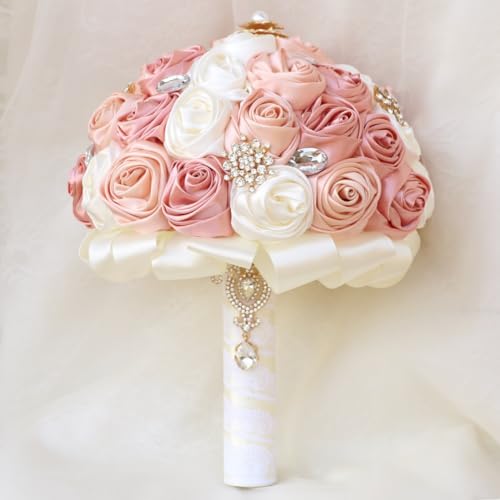 Gkvszy Blush Pink and Ivory Bridal Wedding Bouquet with Gold Brooch Bling Rhinestone Bouquet for Bride Bridesmaid Quinceanera Satin Dusty Rose Flower Bouquet Wedding Blush Pink and Ivory 7.5in - Image 2