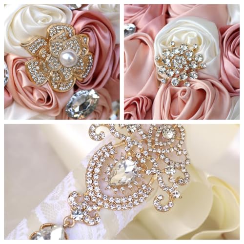 Gkvszy Blush Pink and Ivory Bridal Wedding Bouquet with Gold Brooch Bling Rhinestone Bouquet for Bride Bridesmaid Quinceanera Satin Dusty Rose Flower Bouquet Wedding Blush Pink and Ivory 7.5in - Image 4