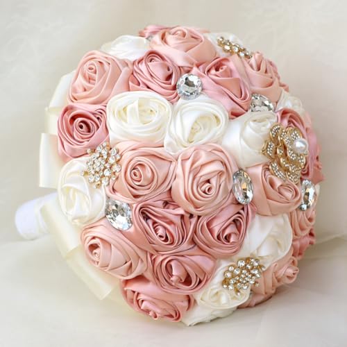 Gkvszy Blush Pink and Ivory Bridal Wedding Bouquet with Gold Brooch Bling Rhinestone Bouquet for Bride Bridesmaid Quinceanera Satin Dusty Rose Flower Bouquet Wedding Blush Pink and Ivory 7.5in - Image 3