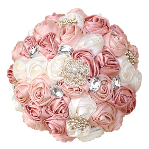 Gkvszy Blush Pink and Ivory Bridal Wedding Bouquet with Gold Brooch Bling Rhinestone Bouquet for Bride Bridesmaid Quinceanera Satin Dusty Rose Flower Bouquet Wedding Blush Pink and Ivory 7.5in - Image 1