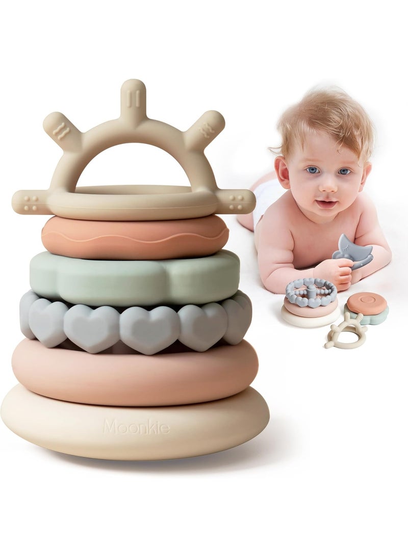Moonkie لعبة تكديس الحلقات من Moonkie – لعبة تسنين سيليكون ناعمة تعليمية للأطفال، طقم من 7 قطع لتطوير المهارات الحركية والمعرفية، آمنة وخالية من مادة BPA (تصميم نيتشر) - Image 1
