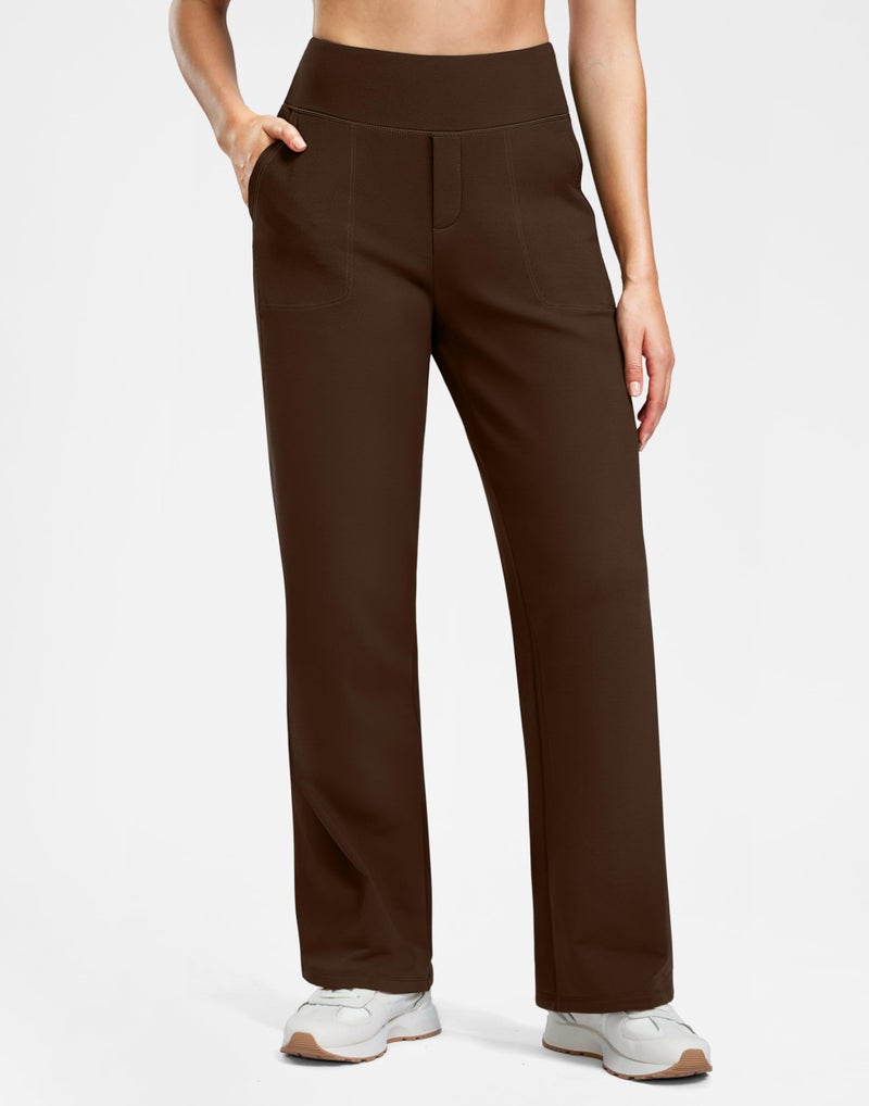 Soothfeel Fleece Lined Pants Women 29"/31"/33" High Waisted Wide Leg Sweatpants with Pocket Winter Warm Work Yoga Dress Pants Dark Brown Petite - Image 5