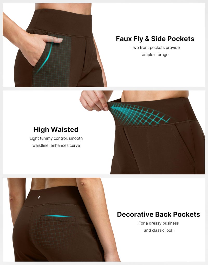 Soothfeel Fleece Lined Pants Women 29"/31"/33" High Waisted Wide Leg Sweatpants with Pocket Winter Warm Work Yoga Dress Pants Dark Brown Petite - Image 4