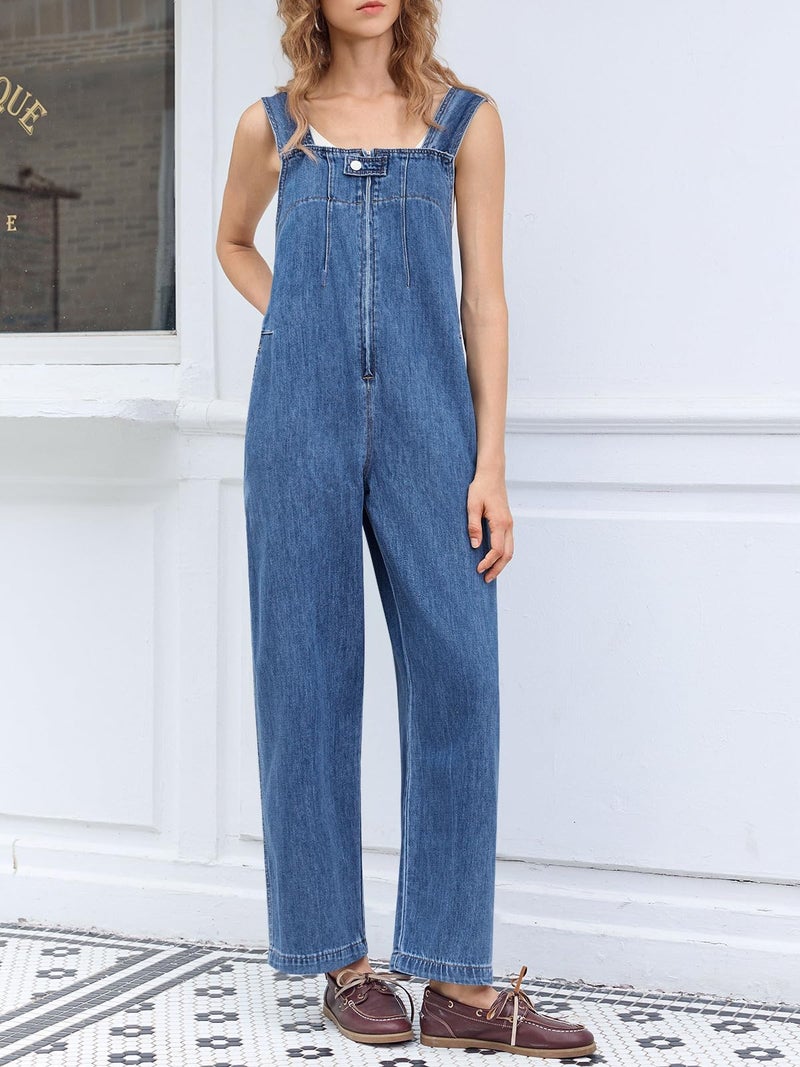 Cicy Bell Womens Casual Denim Bib Overalls Wide Leg Sleeveless Zipper Loose Jean Pants Jumpsuits with Pockets - Image 2