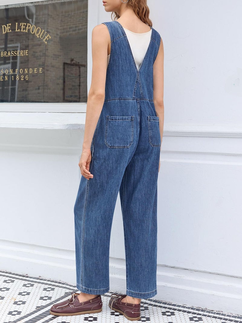 Cicy Bell Womens Casual Denim Bib Overalls Wide Leg Sleeveless Zipper Loose Jean Pants Jumpsuits with Pockets - Image 4