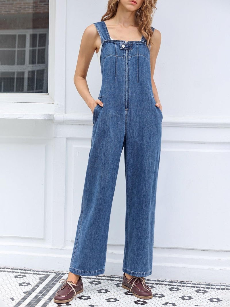 Cicy Bell Womens Casual Denim Bib Overalls Wide Leg Sleeveless Zipper Loose Jean Pants Jumpsuits with Pockets - Image 3