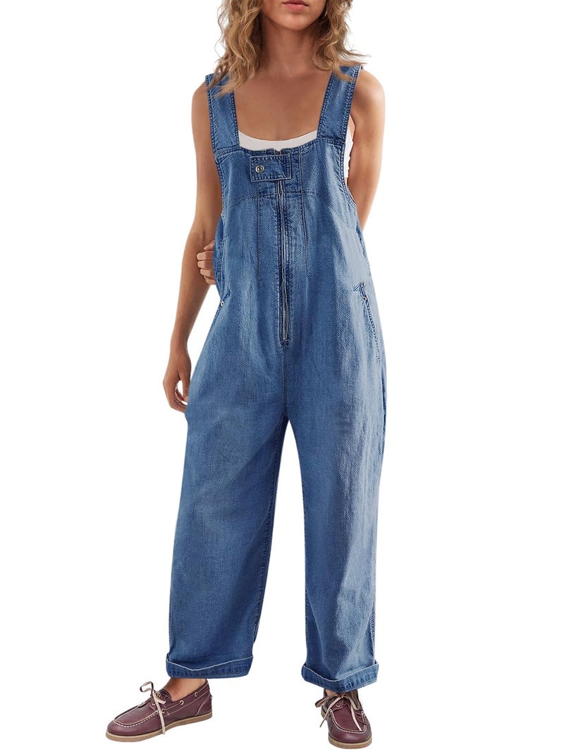 Cicy Bell Womens Casual Denim Bib Overalls Wide Leg Sleeveless Zipper Loose Jean Pants Jumpsuits with Pockets - Image 1