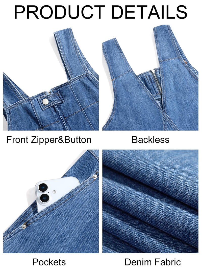 Cicy Bell Womens Casual Denim Bib Overalls Wide Leg Sleeveless Zipper Loose Jean Pants Jumpsuits with Pockets - Image 5