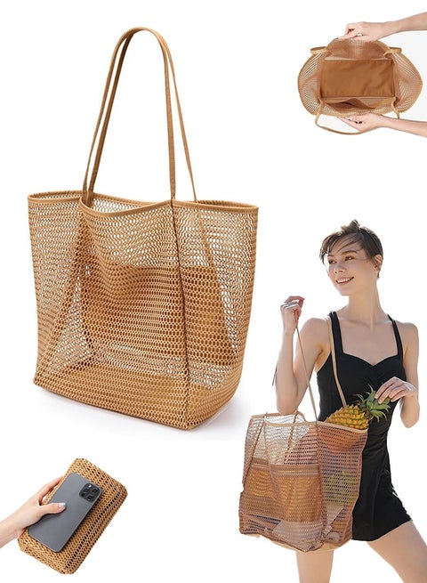 BeachNylon Mesh Tote Bag, Casual Tote Bag  Women Foldable MAX 23L Shoulder Bag For Beach Picnic Vacation