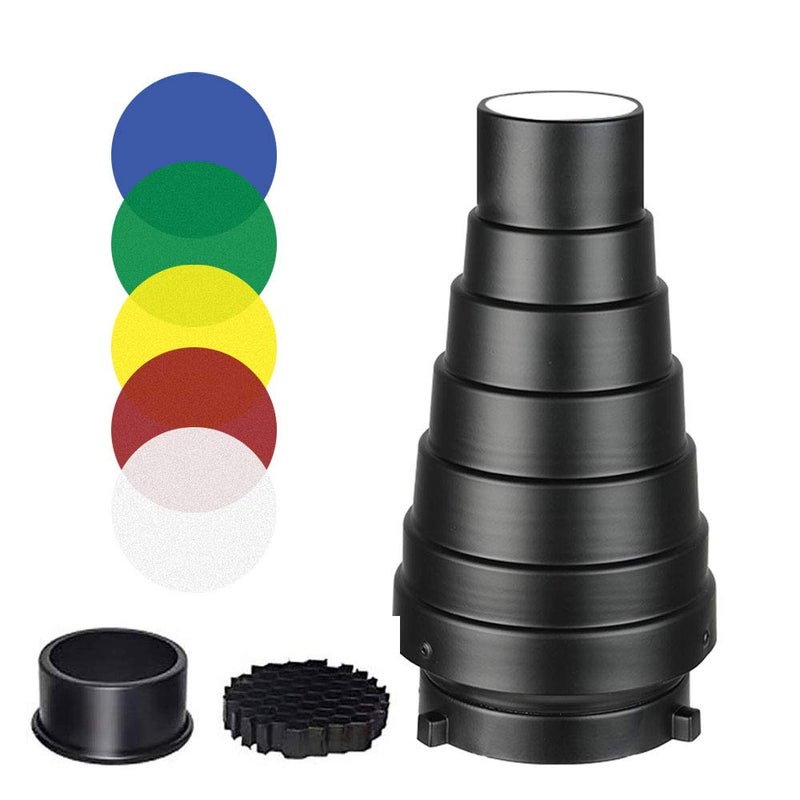 SUPON Aluminium Alloy Conical Studio Snoot Kit with Honeycomb Grid and 5pcs Color Filters for Bowens Mount Strobe Moonlights Flash Speedlight Photography Light - Image 1