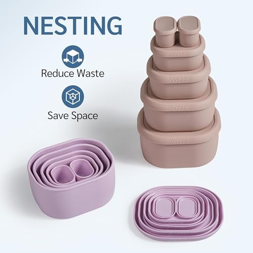 ISSEVE 6Pcs/Set Nesting Silicone Food Storage Containers with Lids, BPA Free Reusable Meal Prep Silicone Containers Lunch Box Bento Box Set (33.8oz, 20oz, 10oz, 6.7oz, 1.3oz) (Purple) - Image 2