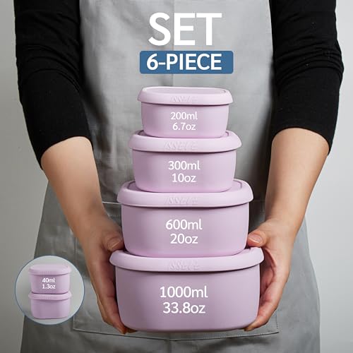 ISSEVE 6Pcs/Set Nesting Silicone Food Storage Containers with Lids, BPA Free Reusable Meal Prep Silicone Containers Lunch Box Bento Box Set (33.8oz, 20oz, 10oz, 6.7oz, 1.3oz) (Purple) - Image 3