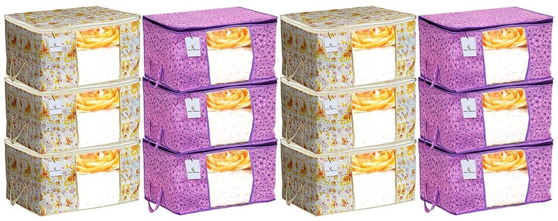 Kuber Industries Metalic Printed 12 Piece Non Woven Fabric Underbed Storage BagCloth OrganiserBlanket Cover with Transparent Window Pink Purple Ivory Red CTKTC41297 - Image 1