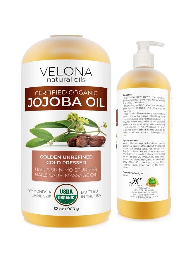velona Jojoba Oil Usda Certified Organic 32 Oz (With Pump) : 100% Pure And Natural Carrier Oil: Golden Unrefined Cold Pressed Hexane Free : Moisturizing Face Hair Body Skin Care Cuticles - Image 2