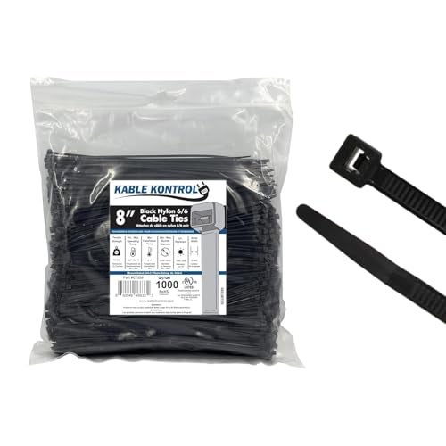 Kable Kontrol Cable Zip Ties 1000 Pcs 8 Inch Black, 18 Lbs Tensile Strength, Self-locking UV Resistant Plastic Nylon Wire Ties, for Indoor or Outdoor Use - Image 1