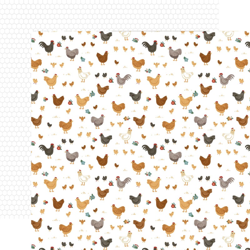 Echo Park Paper Chickens: Mama Hen and Chicks 12x12 Patterned Paper - Image 1