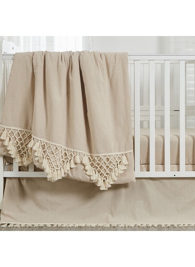 Brandream - Brandream Gender Neutral Boho Bohemian Baby Girl Boy Nursery Crib Bedding Set 3 Pieces Solid Beige Farmhouse Chic Unisex Minimalist Tassel Fringe Macrame Cozy 100% Cotton with Washed Craft Super Soft - Image 1