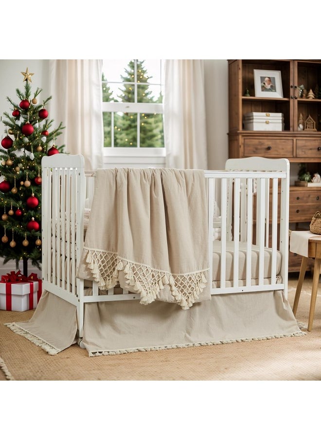 Brandream - Brandream Gender Neutral Boho Bohemian Baby Girl Boy Nursery Crib Bedding Set 3 Pieces Solid Beige Farmhouse Chic Unisex Minimalist Tassel Fringe Macrame Cozy 100% Cotton with Washed Craft Super Soft - Image 1