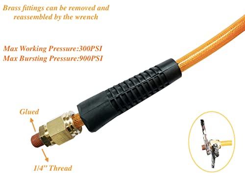 SANFU Polyurethane(PU) Reinforced 3/8”ID x 100ft Air Hose, Reassembled, Wear Resistant 300PSI with 3/8” Repaired Industrial Quick Coupler and Plug, Bend Restrictor, Orange(100’) - Image 3