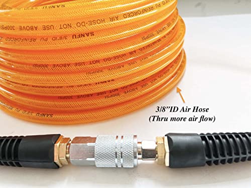 SANFU Polyurethane(PU) Reinforced 3/8”ID x 100ft Air Hose, Reassembled, Wear Resistant 300PSI with 3/8” Repaired Industrial Quick Coupler and Plug, Bend Restrictor, Orange(100’) - Image 5