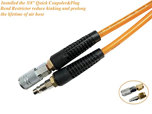 SANFU Polyurethane(PU) Reinforced 3/8”ID x 100ft Air Hose, Reassembled, Wear Resistant 300PSI with 3/8” Repaired Industrial Quick Coupler and Plug, Bend Restrictor, Orange(100’) - Image 2