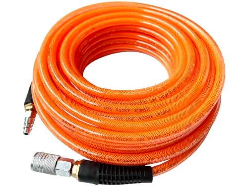 SANFU Polyurethane(PU) Reinforced 3/8”ID x 100ft Air Hose, Reassembled, Wear Resistant 300PSI with 3/8” Repaired Industrial Quick Coupler and Plug, Bend Restrictor, Orange(100’) - Image 1