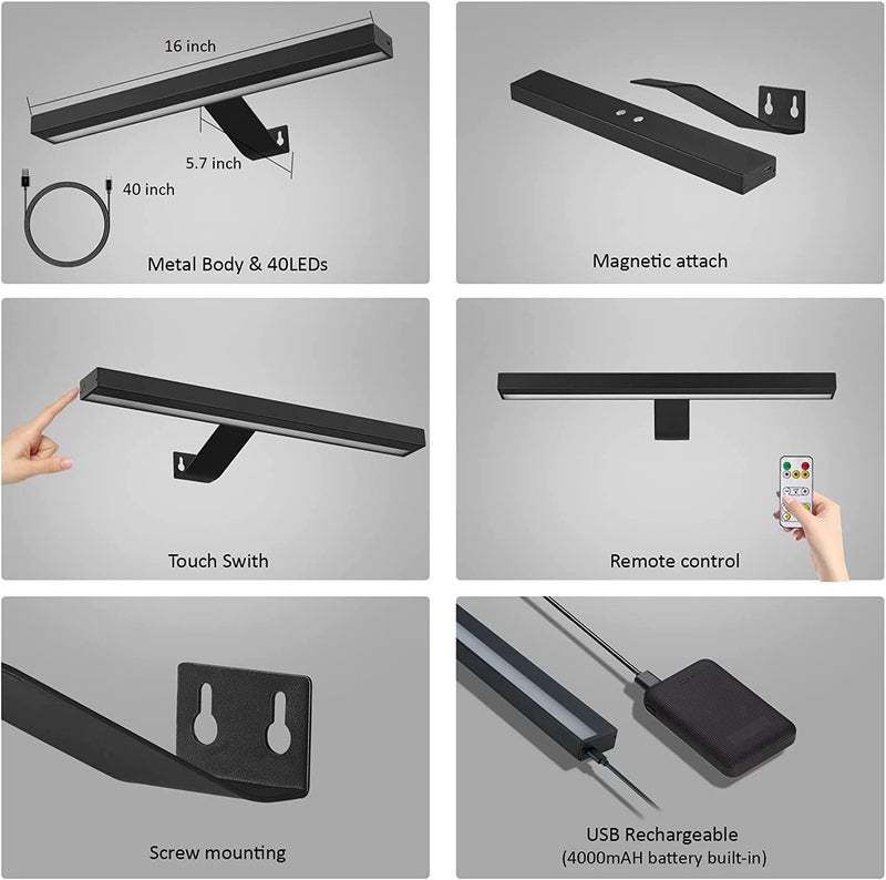 MIOBLUE Wireless Picture Lights,Rechargeable Battery Art Display Light with Remote Control, Dimmable/Timer Off Dartboard Light 16 Inch Full Metal Accent Lamp with 40LEDs for Paintings,Picture,Frame - Image 3