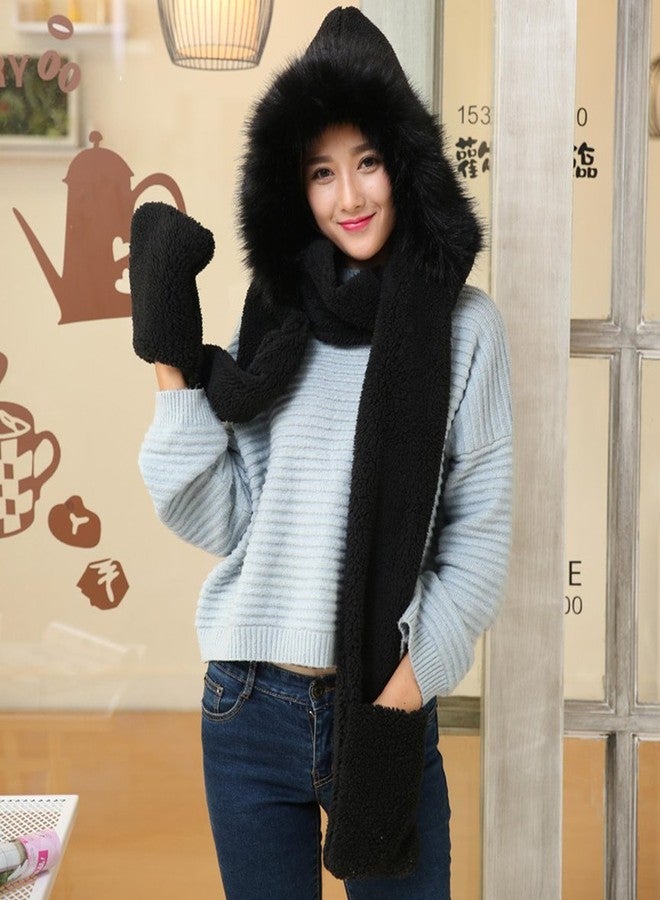 Vimeet Winter Warm Women Siamese Hoodie Gloves Pocket Earflap Hat Long Scarf Shawl Wraps - Image 2