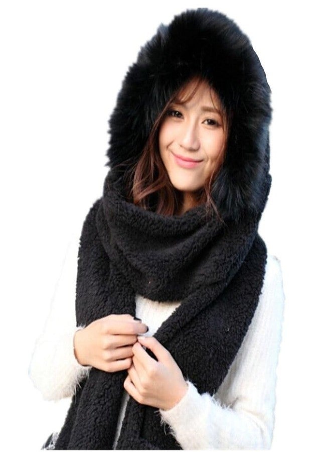 Vimeet Winter Warm Women Siamese Hoodie Gloves Pocket Earflap Hat Long Scarf Shawl Wraps - Image 1