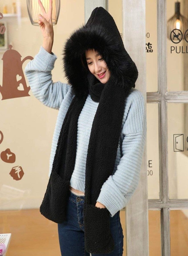 Vimeet Winter Warm Women Siamese Hoodie Gloves Pocket Earflap Hat Long Scarf Shawl Wraps - Image 4