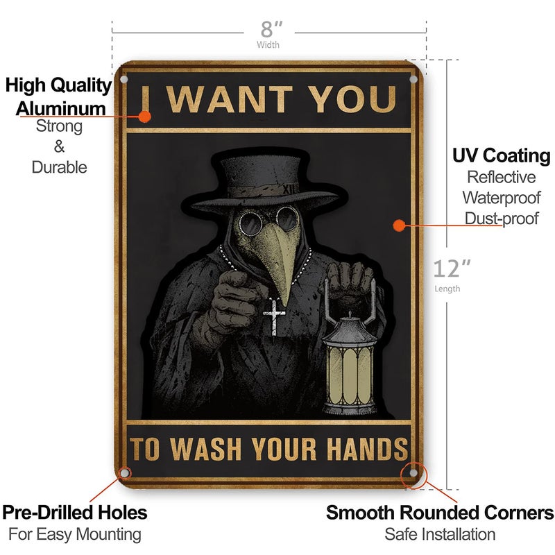 HYBLOM Gothic Bathroom Decor  Vintage Home Decor Wash Your Hands Signs Halloween Weird Poster Metal Tin Sign 12x8 Inches - Image 3