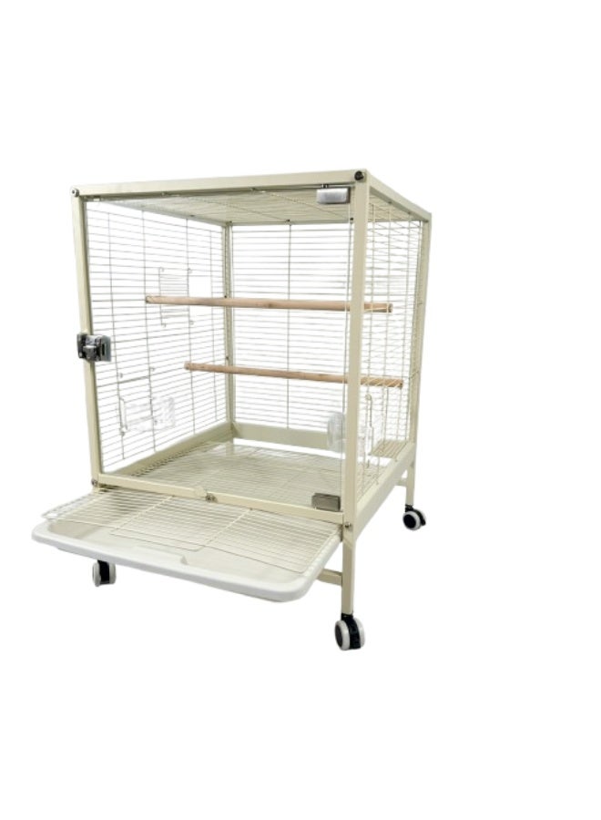 قفص ببغاء بواجهة شفافة وحامل متحرك بأبعاد 65×45×45 سم، مزود بمجاثم خشبية وحاويتين للطعام، مناسب للببغاوات متوسطة الحجم مثل الكاسكو، والكوكاتو، والكونيور، والباراكيت، والبادجي، والفيشر. - Image 2