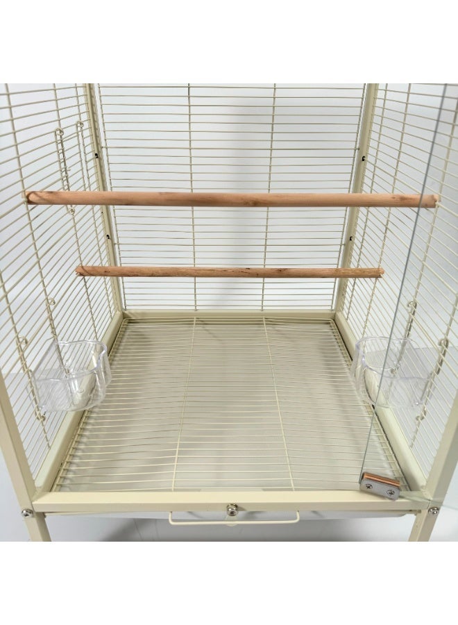قفص ببغاء بواجهة شفافة وحامل متحرك بأبعاد 65×45×45 سم، مزود بمجاثم خشبية وحاويتين للطعام، مناسب للببغاوات متوسطة الحجم مثل الكاسكو، والكوكاتو، والكونيور، والباراكيت، والبادجي، والفيشر. - Image 5