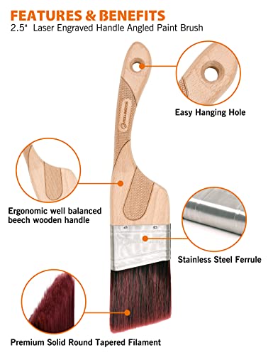ROLLINGDOG 2 1/2 Inch (63.5mm) Angular Paint Brush with Ergonomic Well Balanced Claw Shaped Beech Wooden Handle, Easy Clean Premium Synthetic Filaments, Perfect for Cutting in and Other Detail Work - Image 2
