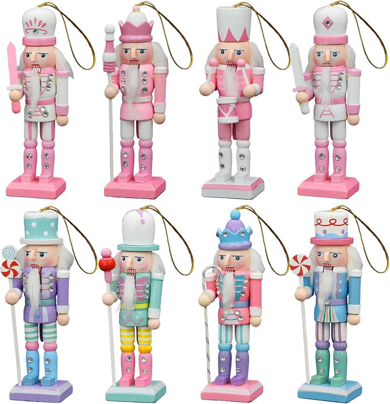 KoolShare Christmas Nutcracker Ornaments 8-Piece Decoration Set, 5-Inch Handcrafted Wooden Soldiers in Pink & Pastel Color, Hangable for Xmas Tree or Tabletop Display - Image 1