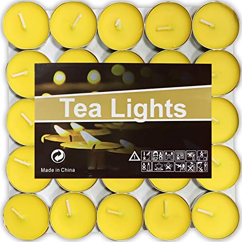 OUO Tea Lights - 50 Pack Smokeless, Dripless & Long Lasting Mini Tealight Candles for Mood, Dinners, Parties, Home Decoration, Wedding, Crafts (Yellow) - Image 1