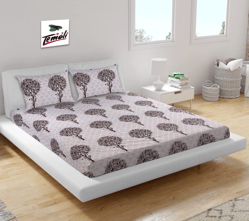 Temoli® Premium Cotton Elastic Fitted Bedsheet King Size 72X78X8 Inch with 2 King Size Pillow Covers 18x28 Inch (Tree-Light Brown) - Image 5