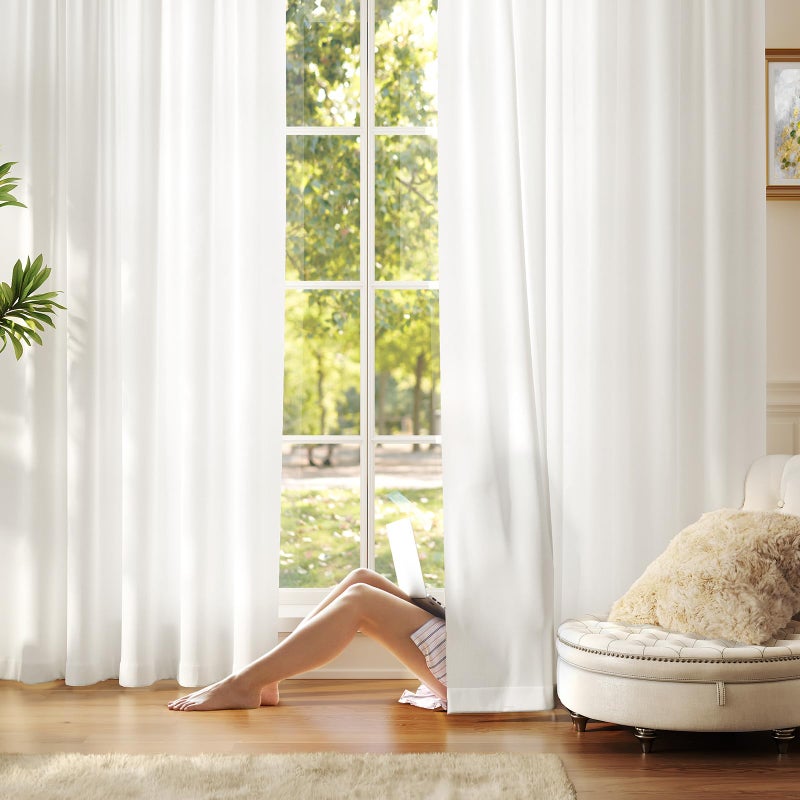 Anmao Non-See-Through Off White Privacy Semi Sheer Curtains for Living Room 96 Inch Length 2 Panels Set, Light Filtering That Let Light in Rod Pocket Window Drapes for Bedroom, 52W x 96L, Ivory White - Image 1