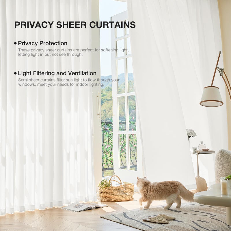 Anmao Non-See-Through Off White Privacy Semi Sheer Curtains for Living Room 96 Inch Length 2 Panels Set, Light Filtering That Let Light in Rod Pocket Window Drapes for Bedroom, 52W x 96L, Ivory White - Image 5