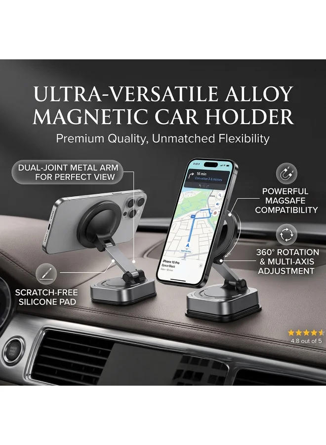 Mobcos  Ultra-Versatile Alloy Magnetic Car Phone Holder with Strong N52 Magnets, 360° Rotation & Adjustable Dual-Joint Arm, MagSafe Compatible Dashboard Mount  | Best Price UAE