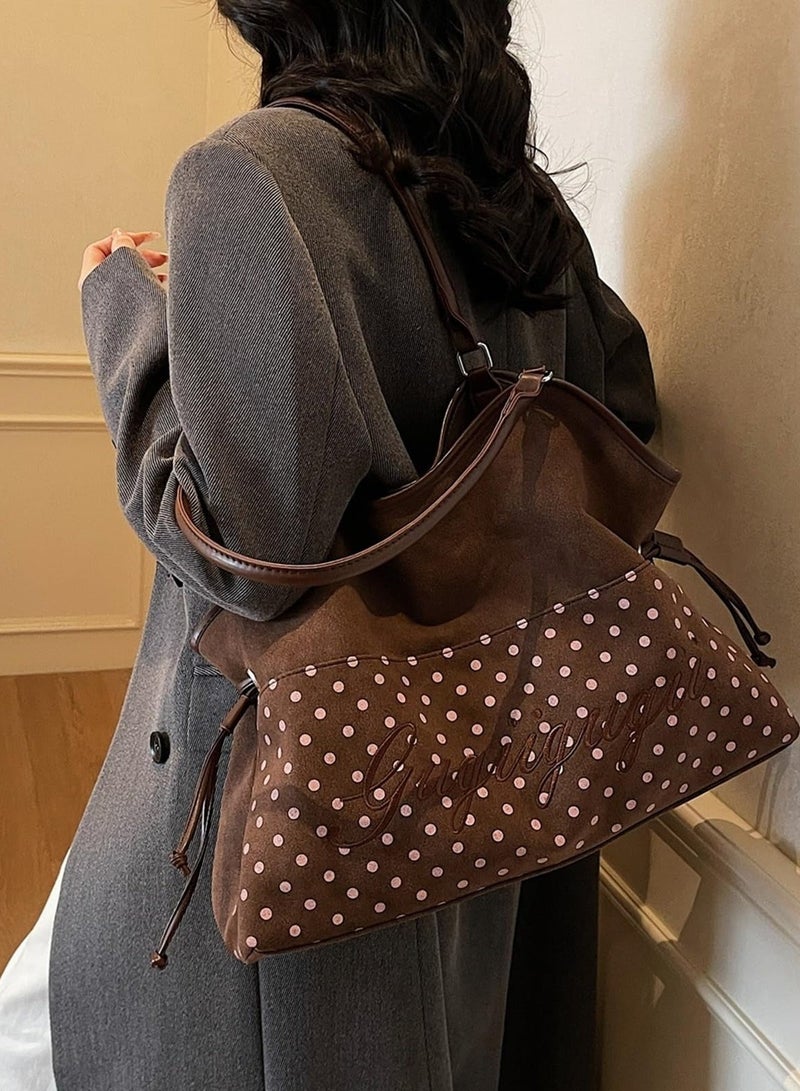 QUARRYUS Women Girls Polka Dot Print Drawstring Tote Bag, Fashion Shoulder Bag for Daily School Work, Random Star Charm Included - Image 3