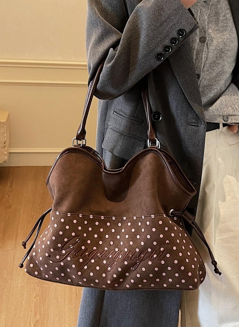 QUARRYUS Women Girls Polka Dot Print Drawstring Tote Bag, Fashion Shoulder Bag for Daily School Work, Random Star Charm Included - Image 5