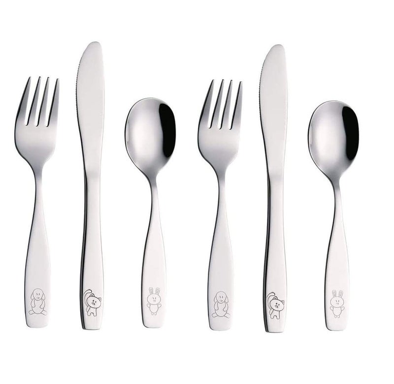ANNOVA Childrens Flatware 6 Pieces Set  Stainless Steel CutlerySilverware 2 x Safe Forks 2 x Dinner Knife 2 x Dinner Spoon  Safe Kids Toddler Utensils Lunch Box Engraved Dog Cat Bunny
