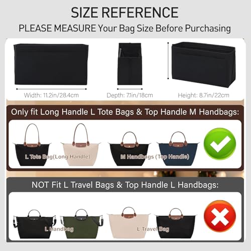 OAikor Felt Longchamp Bag Organizer Insert Compatible with Long Champ Le Pliage L Tote Bag M Handbags Zipper Purse Organizer Insert with Cup Holder 8 Compartments Custom Divider BlackL - Image 3