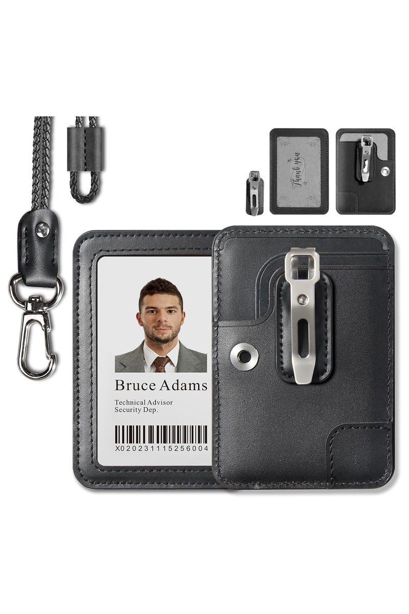 انسجام حامل بطاقة هوية من الجلد الفاخر مع نافذة شفافة ومشبك معدني قابل للفصل وفتحتين للبطاقات وحبل جلدي وحامل بطاقة هوية عمودي للاستخدام في المكتب والمدرسة - Image 1