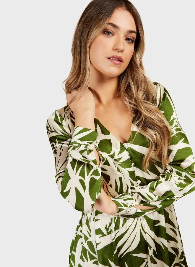Little Mistress Leaf Print Midi Dress
