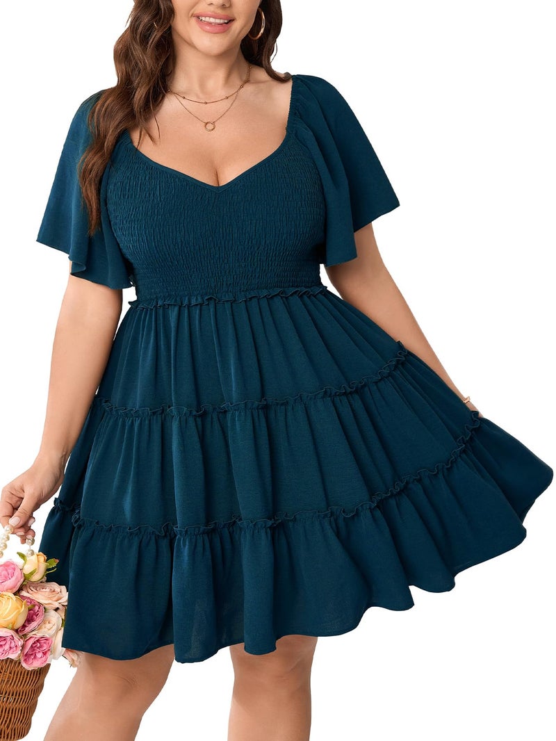 SHESTARR Womens Plus Size Casual Mini Dress Sweetheart Neckline Short Flutter Sleeve Smocked A Line Tiered Ruffle Dresses Lake Blue - Image 1