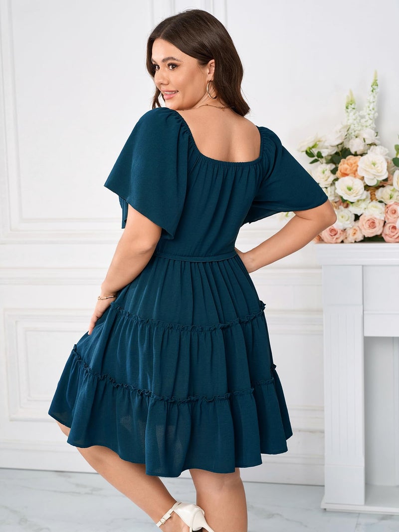 SHESTARR Womens Plus Size Casual Mini Dress Sweetheart Neckline Short Flutter Sleeve Smocked A Line Tiered Ruffle Dresses Lake Blue - Image 4