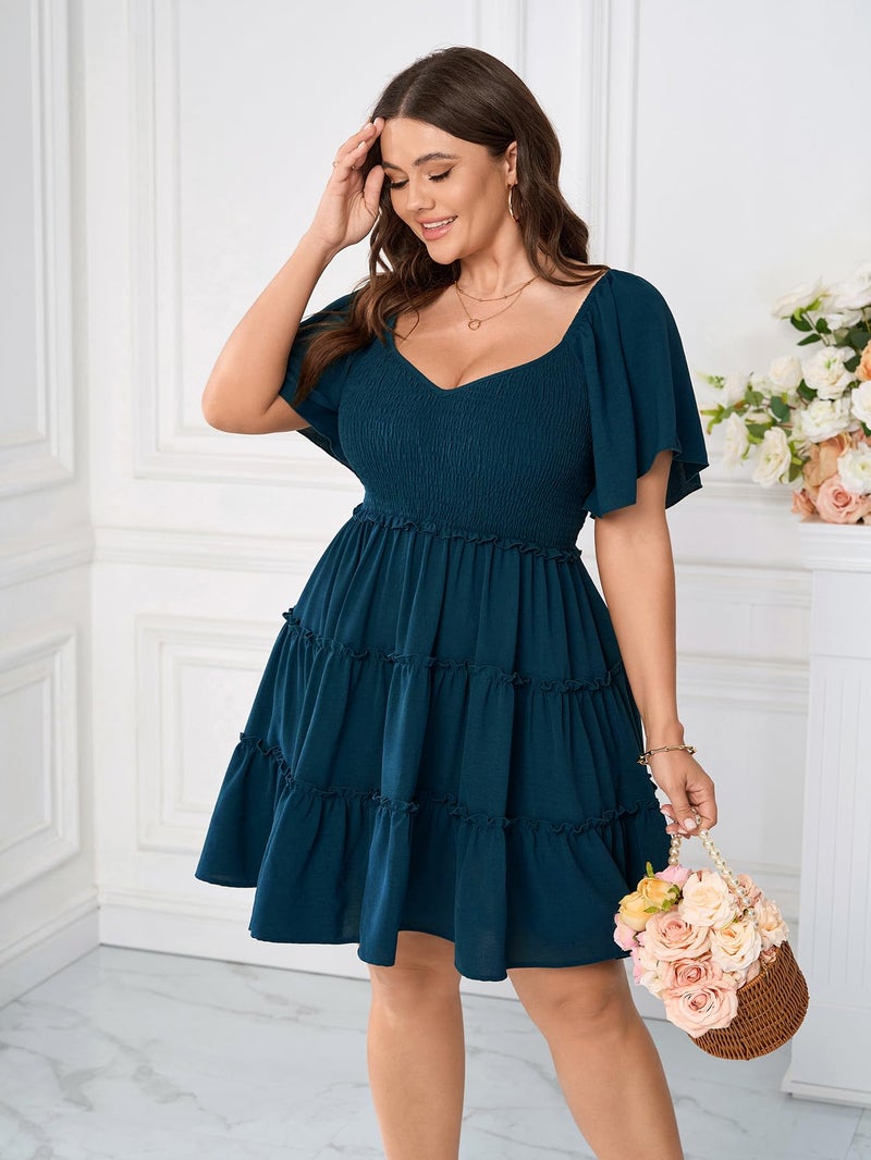 SHESTARR Womens Plus Size Casual Mini Dress Sweetheart Neckline Short Flutter Sleeve Smocked A Line Tiered Ruffle Dresses Lake Blue - Image 5