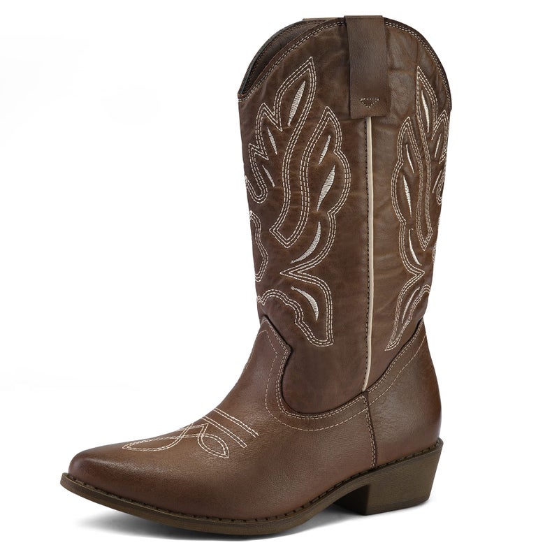 mysoft Women's Western Cowboy Boots Embroidered Mid-Calf Pointed Toe Cowgirl Boot - Image 1